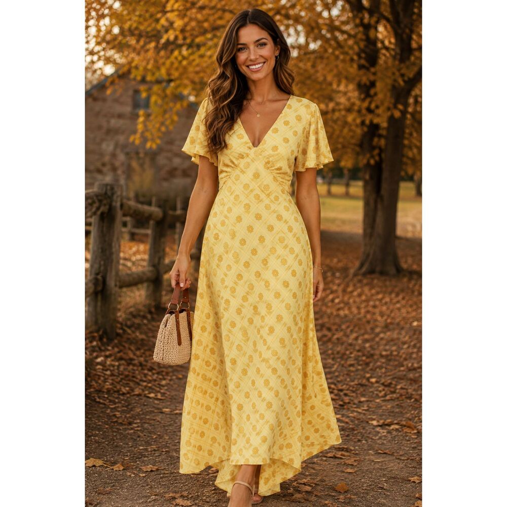 Almost Famouse dress empire waist fairy cottage yellow flowers women L New